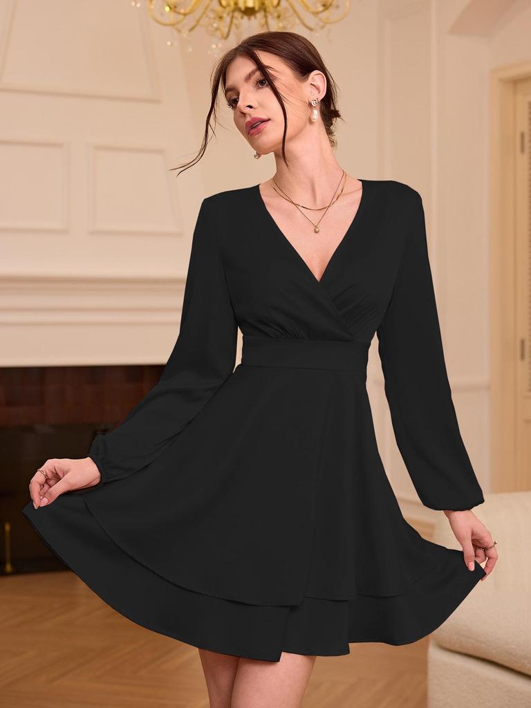 European and American Women's V-Neck Satin Dress - Elegant Spring/Summer Style with Lantern Sleeves and Slim Fit.