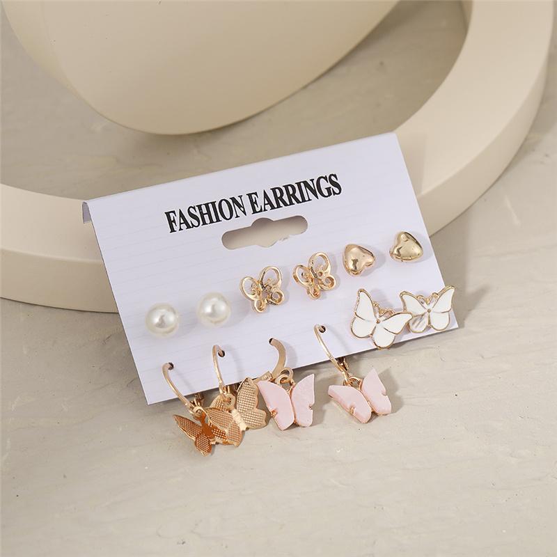 Bohemian Fashion Acrylic Leopard Round Circle Hoop Earrings Set For Women Gold Color Butterfly Pearls Drop Earrings Set Jewelry
