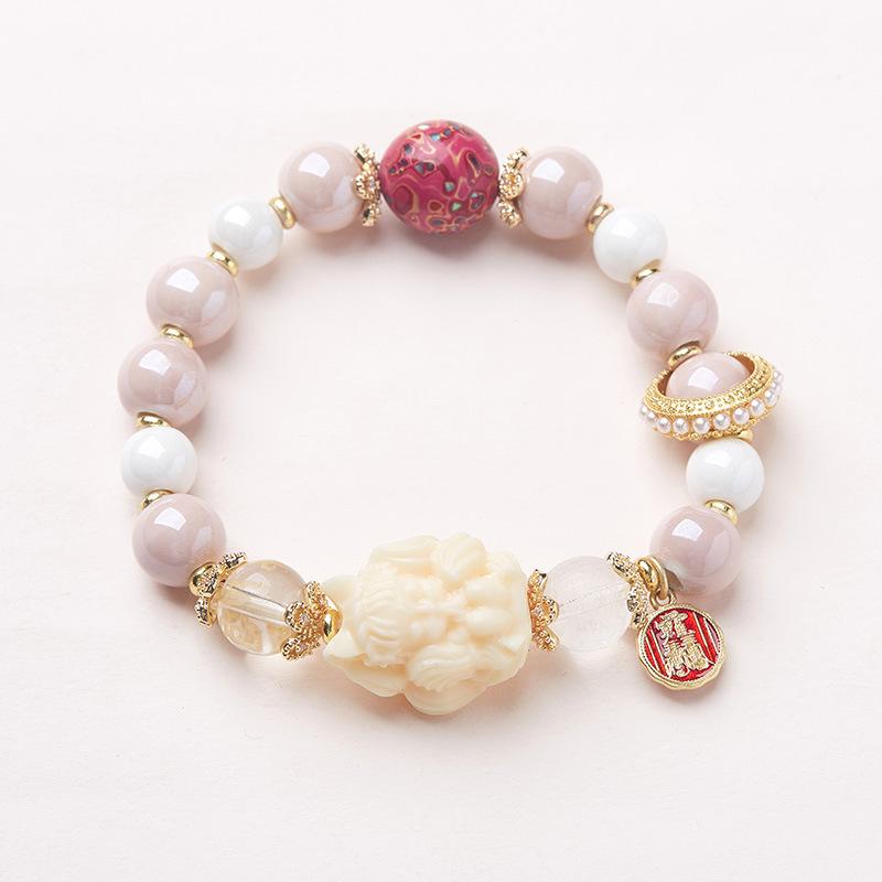 Yongxiang-style Beijing Incense Ash Glass Bracelet with Pink Porcelain Nine-tailed Fox and Gold Foil, Good Luck Bracelet, Gift for Best Friends