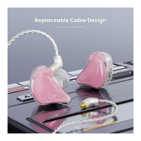 BASN Bmaster IEM Monitor Earphones Triple Driver In-Ear Monitor with 2 Detachable MMCX Cables for Musicians/Drummers Canal Wired Earphones (Pink)