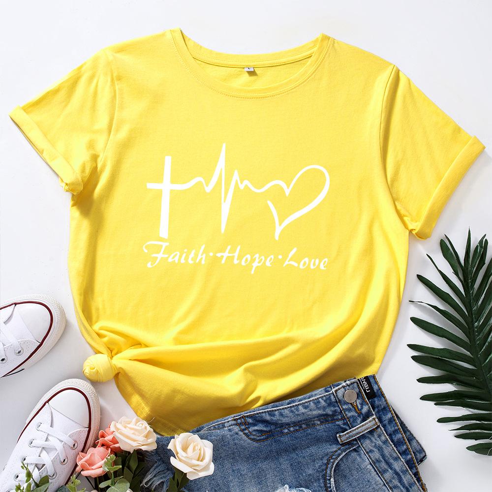 Faith Creative Alphabet Cotton T-Shirt Short Sleeve Round Neck Women 2d Print Tops