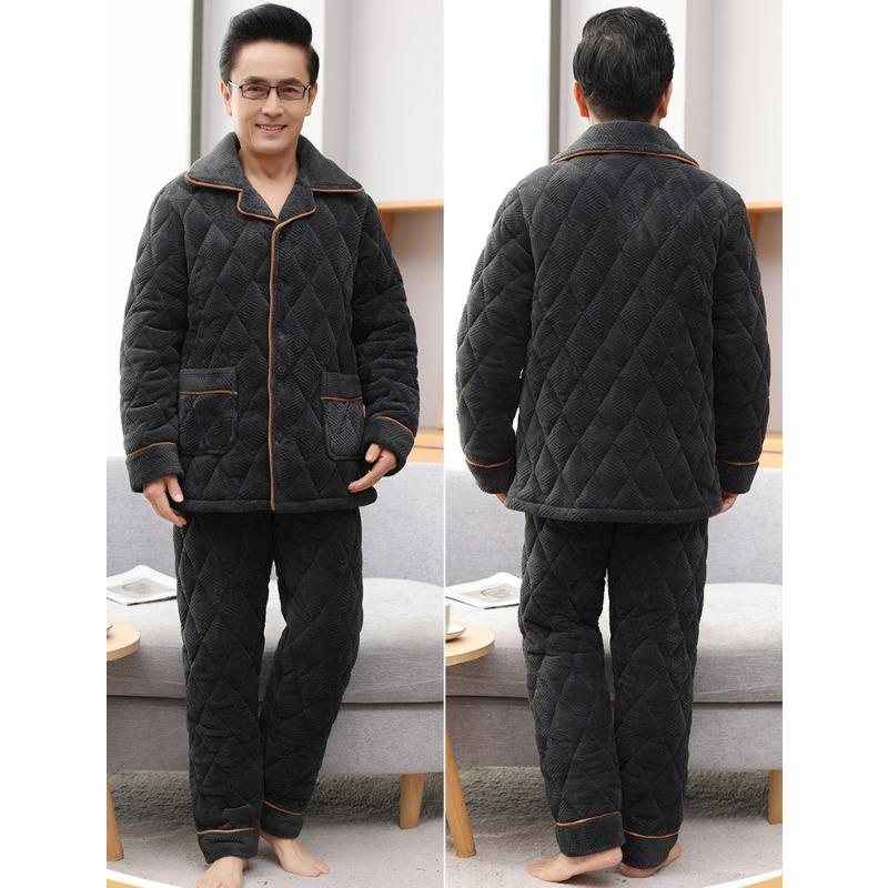Winter Coral Fleece Men's Pajamas Three-layer Thick Quilted Middle-aged and Elderly Grandpa Flannel Home Service Padded Jacket Suit