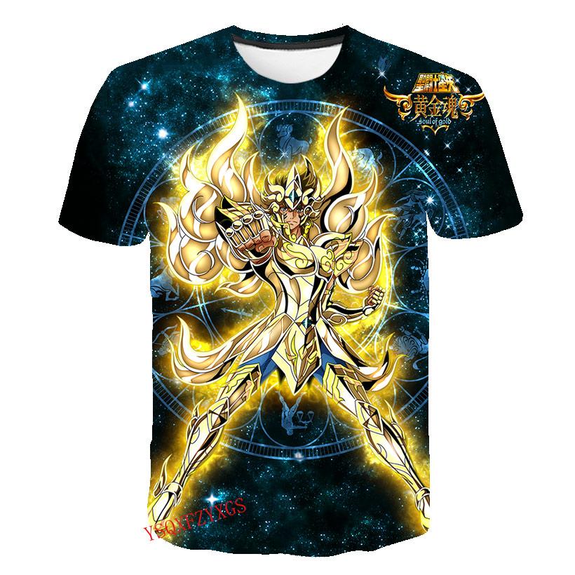 Verão Cavaleiro de Ouro Novo 3D Estampa Harajuku HD Masculino Gola Redonda Manga Curta Moda Infantil Camiseta Desenho Animado Top Casual