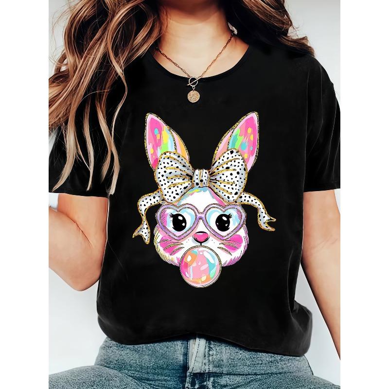 

European Size A Women S Casual Round-Neck Easter T-Shirt Featuring A Cute Bunny Blowing Bubbles, Regular Fit and Slightly Stretchy,for Year-Round Wear 4XL чорний