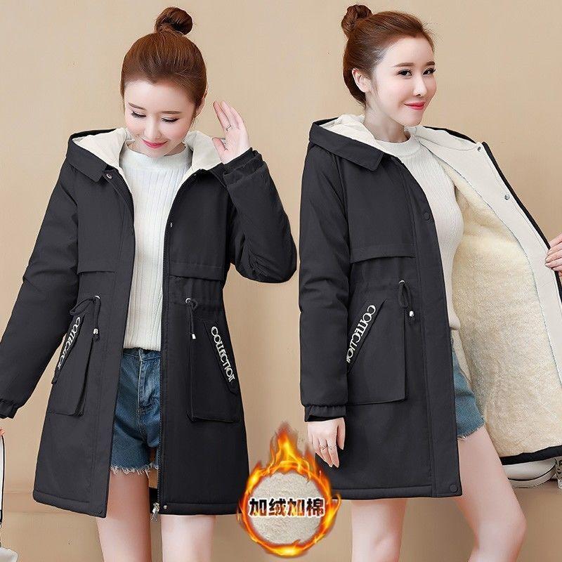 Hooded trench coat medium and long spring and autumn new winter velvet thickened cotton-padded coat cotton-padded jacket women's fashion trend