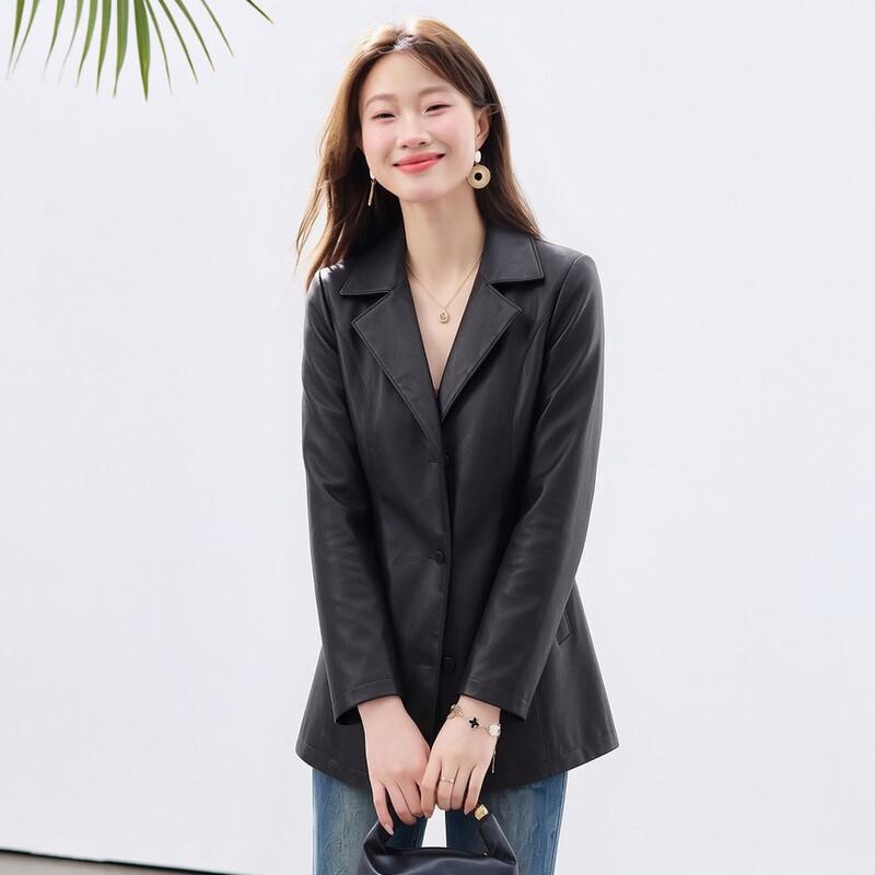 Sanpowa Women's Fall Windproof Lapel PU Leather Jacket