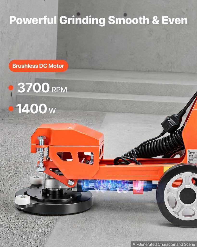 VEVOR Electric Concrete Grinder 1400W 3700 RPM, Walk Behind Floor Polisher, Marble, Stone, Epoxy Floor Polishing, 18 cm Grinding Disc
