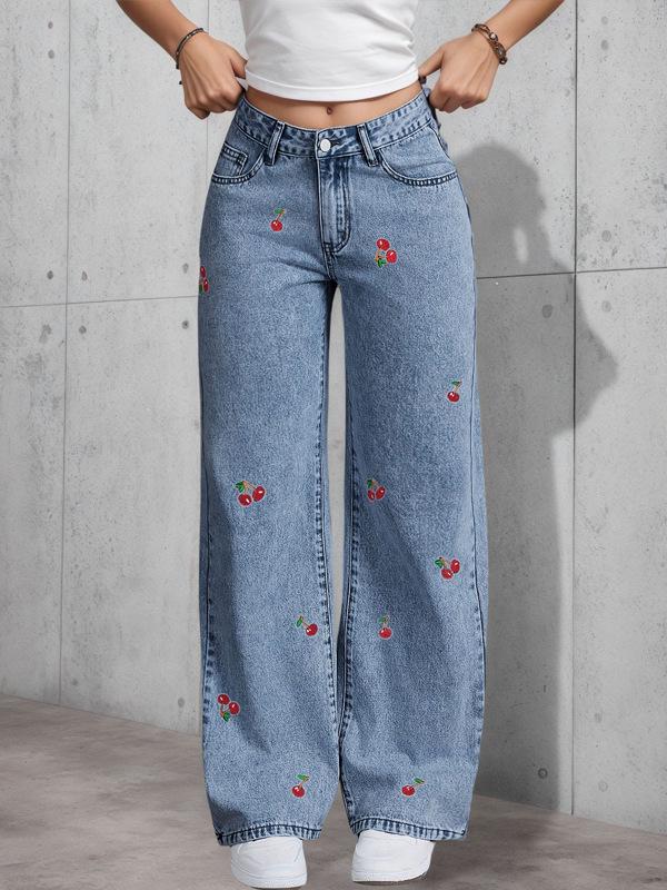 

Smoke Gray Distressed Slimming Stretch Jeans with Red Cherry Blossom Embroidery XXL