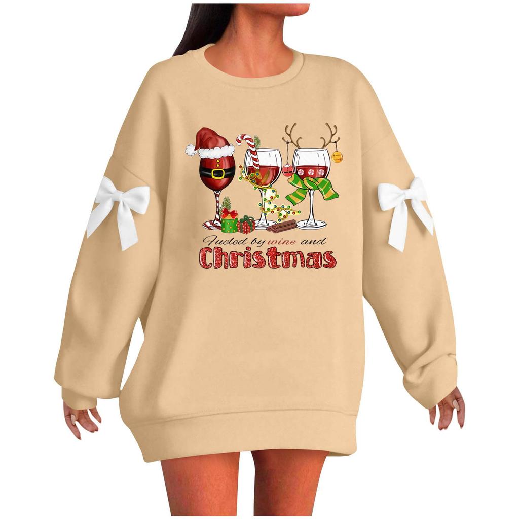 Ladies' Christmas Printed Bow Round Neck Long Sleeved Loose Pullover Sweater Sweatshirt Top