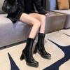 Women's Chunky Single Boots Spring New Metal Square Head Side Zipper Anti-slip Wear-resistant Mid-calf Boots