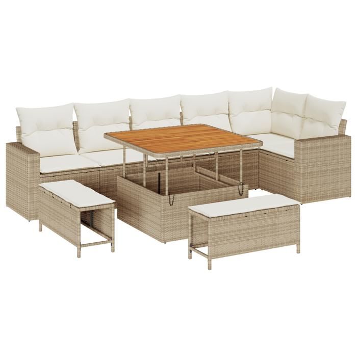 Ensemble de canapé de jardin 9 pièces avec coussins Beige Poly Rattan Acacia, Ensemble de salle à manger de jardin 3 pièces 3363576