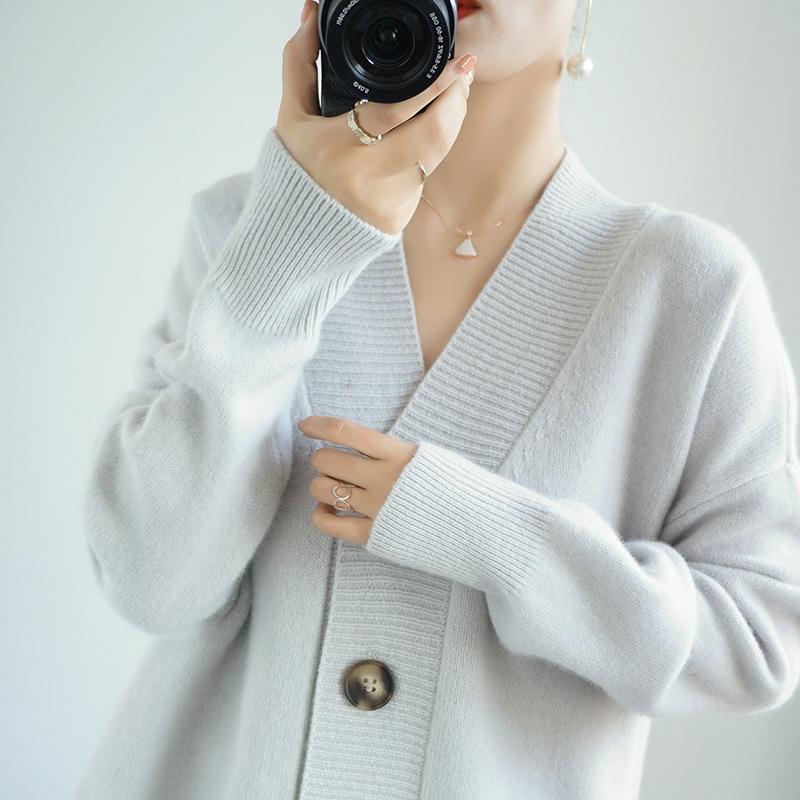 GMXIA Spring and Autumn Knitted Sweater, Loose Large-sized Cardigan, Women's Collar Knitted Sweater, Solid Color Button, Laid-back Coat