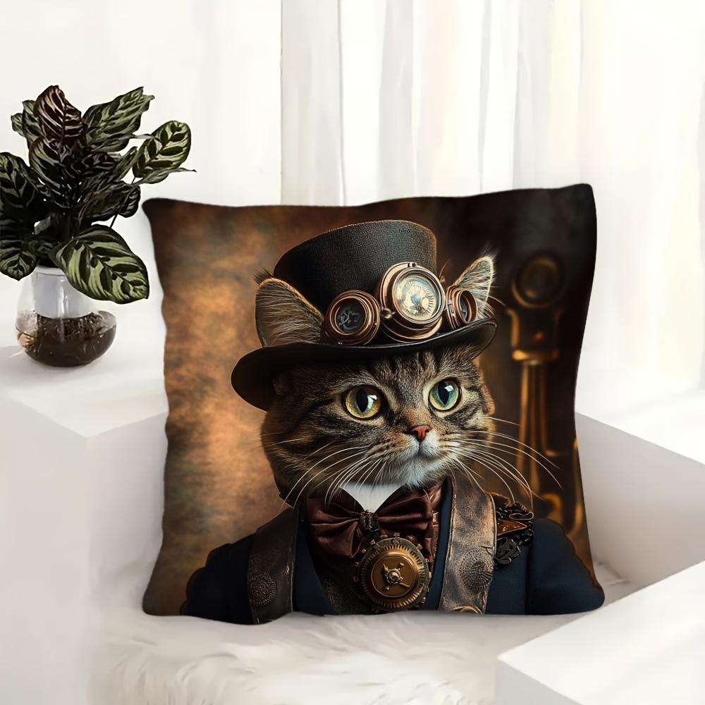 2D Flat- Vintage Steampunk Cat Throw Pillow Cover Victorian Gentleman Cat Decorative Pillow Case For Home Sofa Bedroom