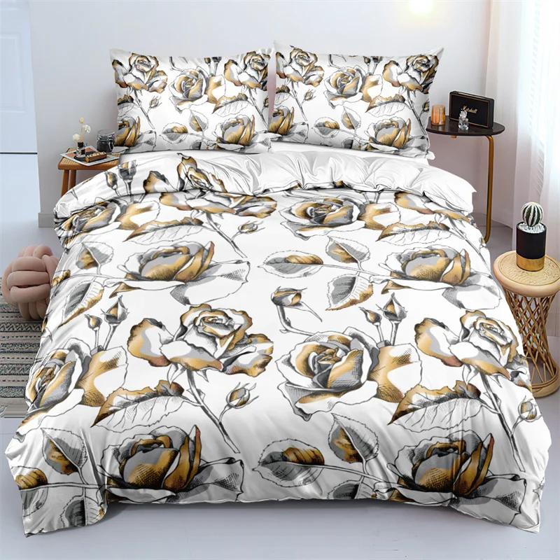3D design Květinové soupravy povlaků na přikrývku King Queen Twin size květinový potisk Sada povlečení Ložnice Tmavě zlaté květy pro dívky Ženy