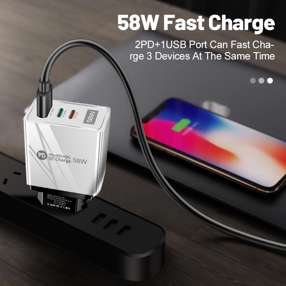 58W Dual Fast Charger with 2PD+QC3.0, Compatible with EU/US/UK Plugs.