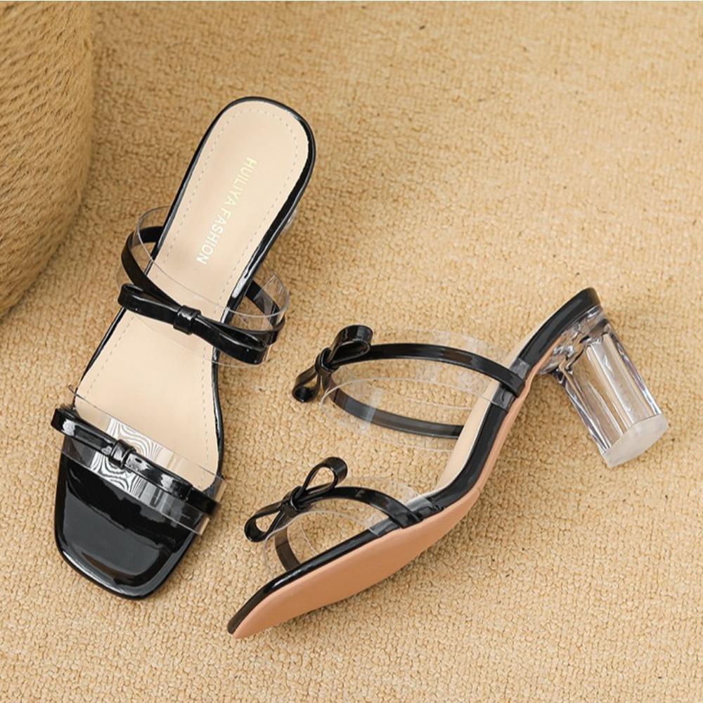 Fashion Square Headed Slippers for Women's 2025 New Summer High Heels Thick Heels Cool Slippers Sweet Bow Fashionable Sandals Women