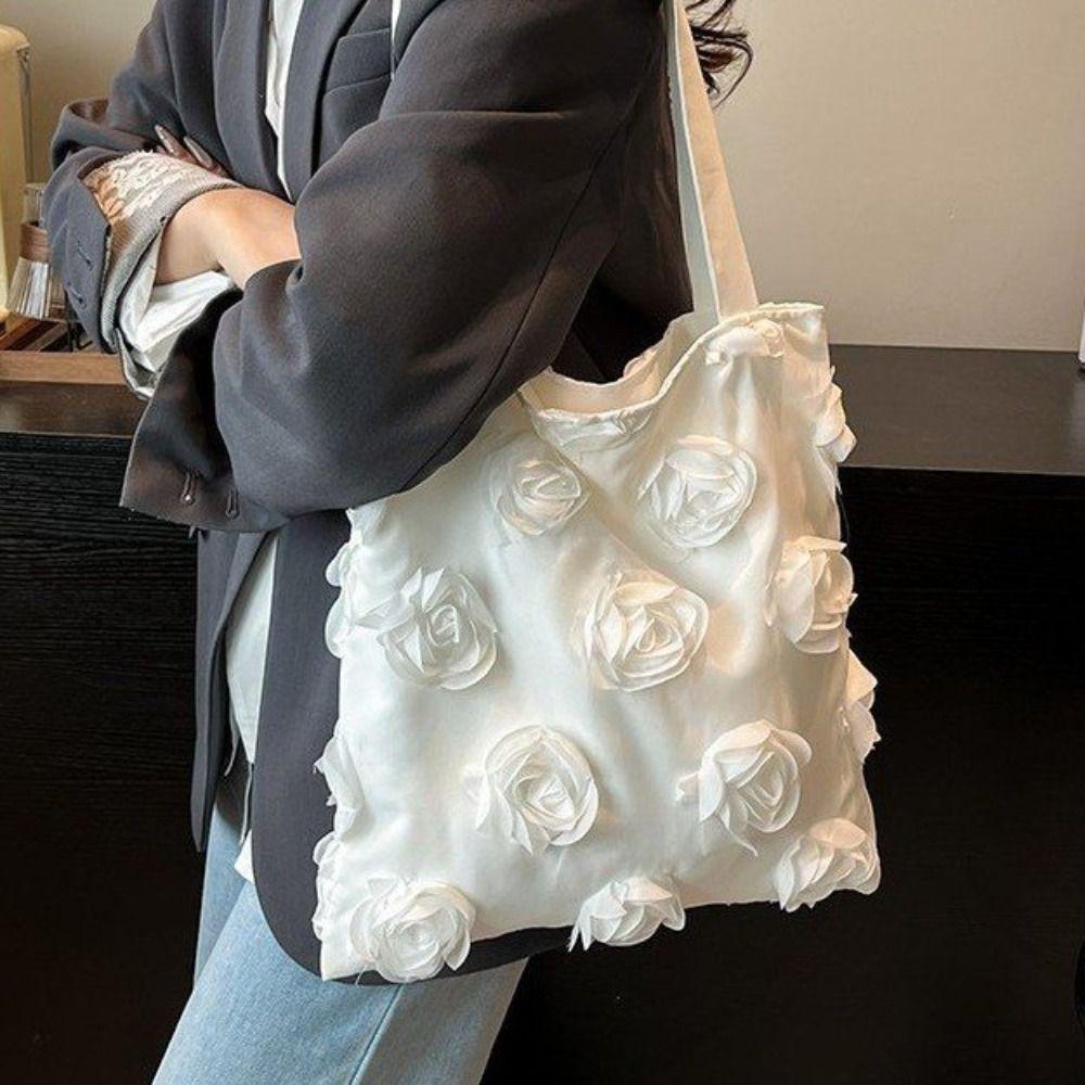 

Large Capacity Flower Tote Bag White Canvas Bag Fashion Flower Shoulder Bag Beach