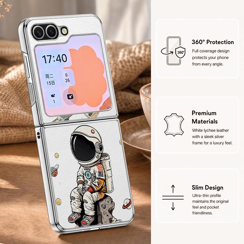 Cartoon Astronaut Pattern Case For Samsung Galaxy Z FlIP 7 FE 6 5 Plating PC+PU Leather Hybrid Folding Cover For Samsung Z Flip7 Flip6 Flip5