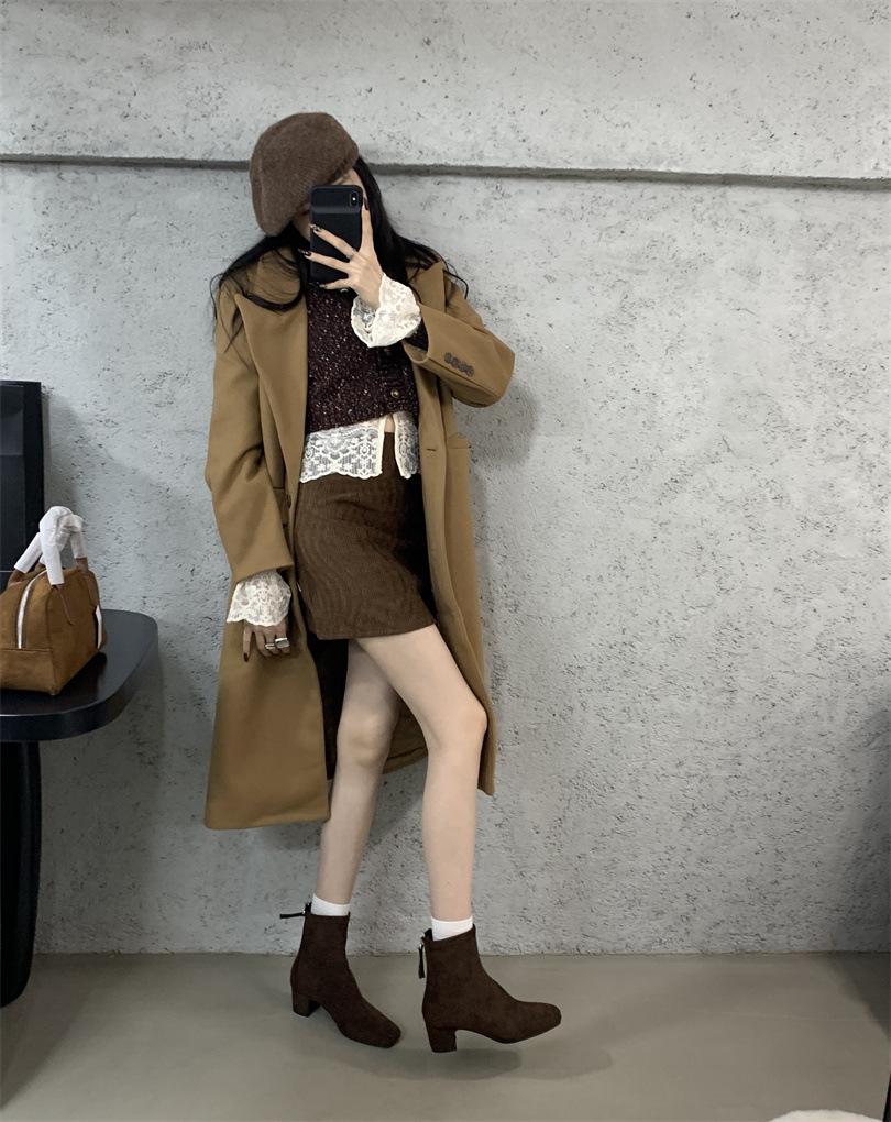 Brown short boots women's high heel thick heel rear zipper square head versatile 2025 new autumn and winter Korean version suede thin boots