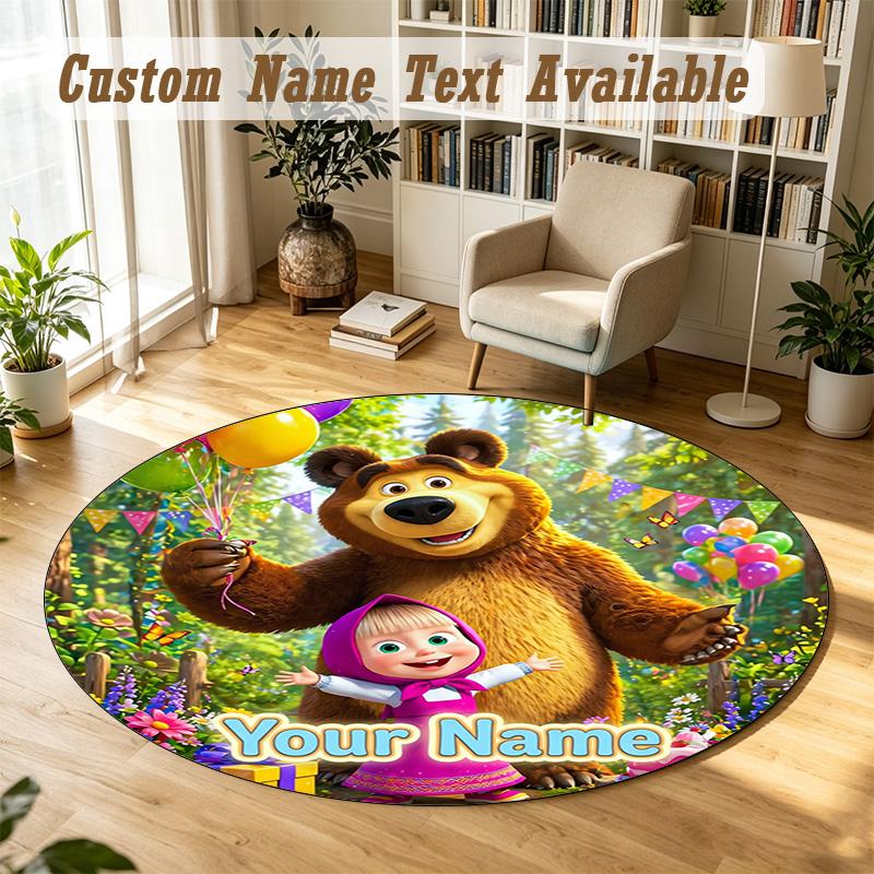 Round Rug Custom NameMasha and the Bear cartoon Pattern Non Slip Carpet Home Floor Decor