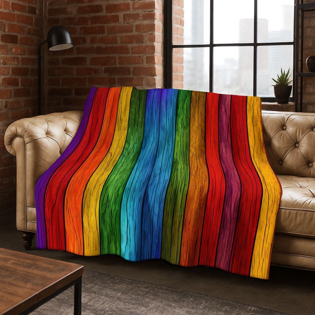 Regenboog Retro Houten Bord Zwart Bruin Houtnerf Flanellen Deken, Gezellige Zachte Plaid voor Huis Slaapkamer Bed Bankhoes Cadeau