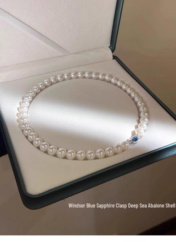 Natural Mother-of-Pearl Necklace with 925 Silver Sapphire Clasp, High Luster Shell Pearls, and Australian White Pearls.