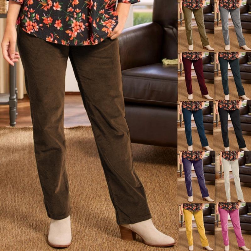 Women S Corduroy Straight Leg Casual Pants Elastic Waist Solid Color