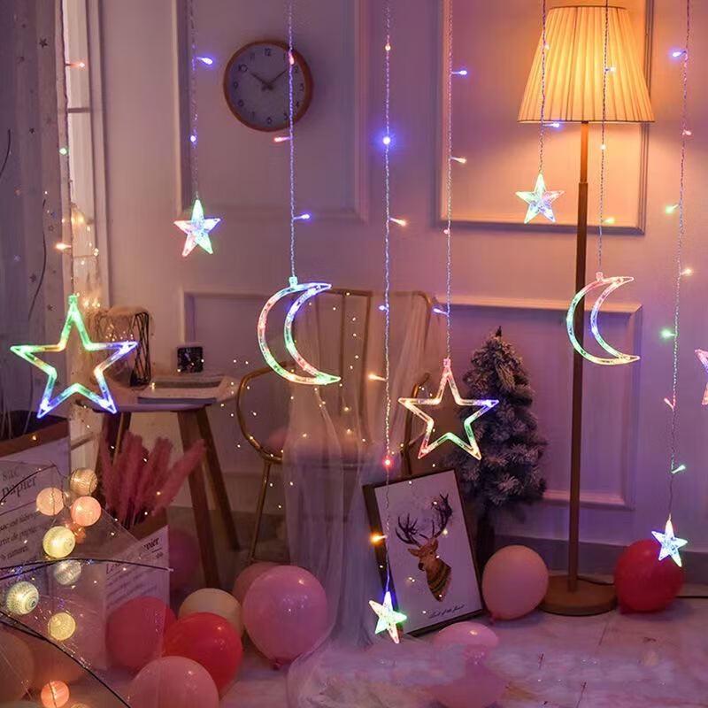 Christmas Star Moon Solar LED Curtain String Lights
