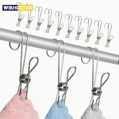 Lot de 10 pinces à linge en acier inoxydable avec crochets, pinces à ressort en métal avec crochets, pinces de suspension universelles pour bureaux, cuisines, salles de bains