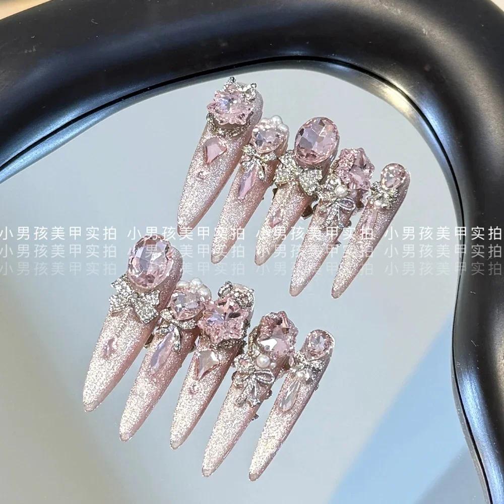 10Pcs Luxury Handmade Long Stiletto Press On Nails 3D Sparkling Diamond Bow Pearl Flower Full Cover Fake Nails