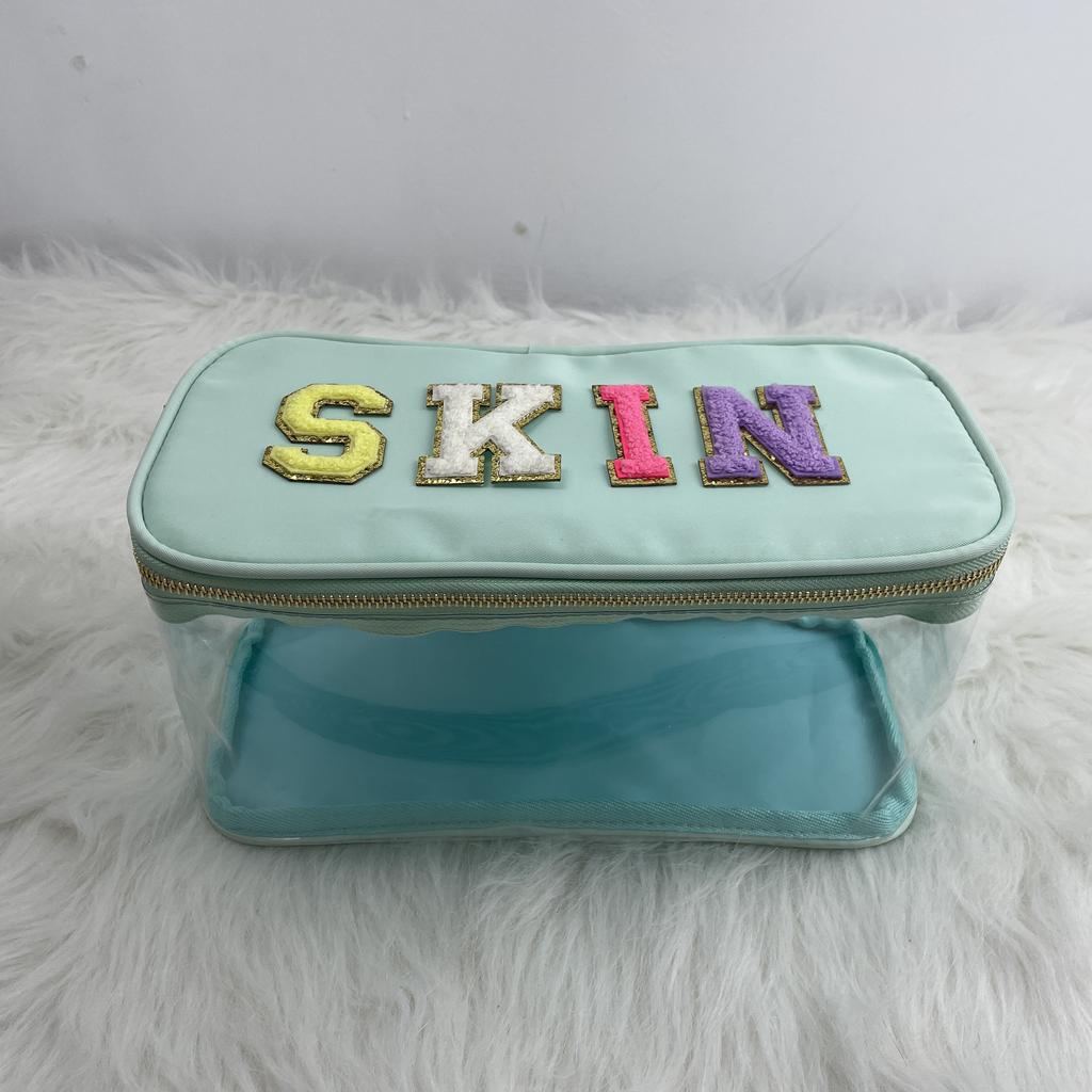 Low MOQ Stock MONOGRAM CLEAR Women Girls COSMETIC BAG CUTE Zip POUCH Make up Bag WITH GLITTER LETTER Decoration