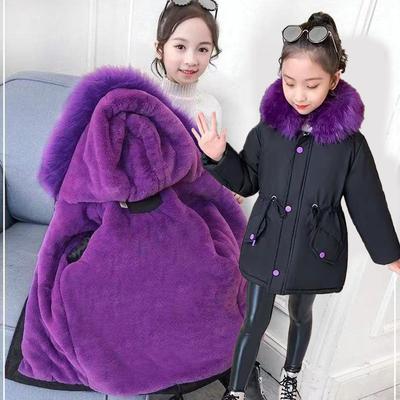 Children's Outerwear Winter Girls Jacket Fur Collar Lining with Velvet Hooded Thick Coat for Kids Children