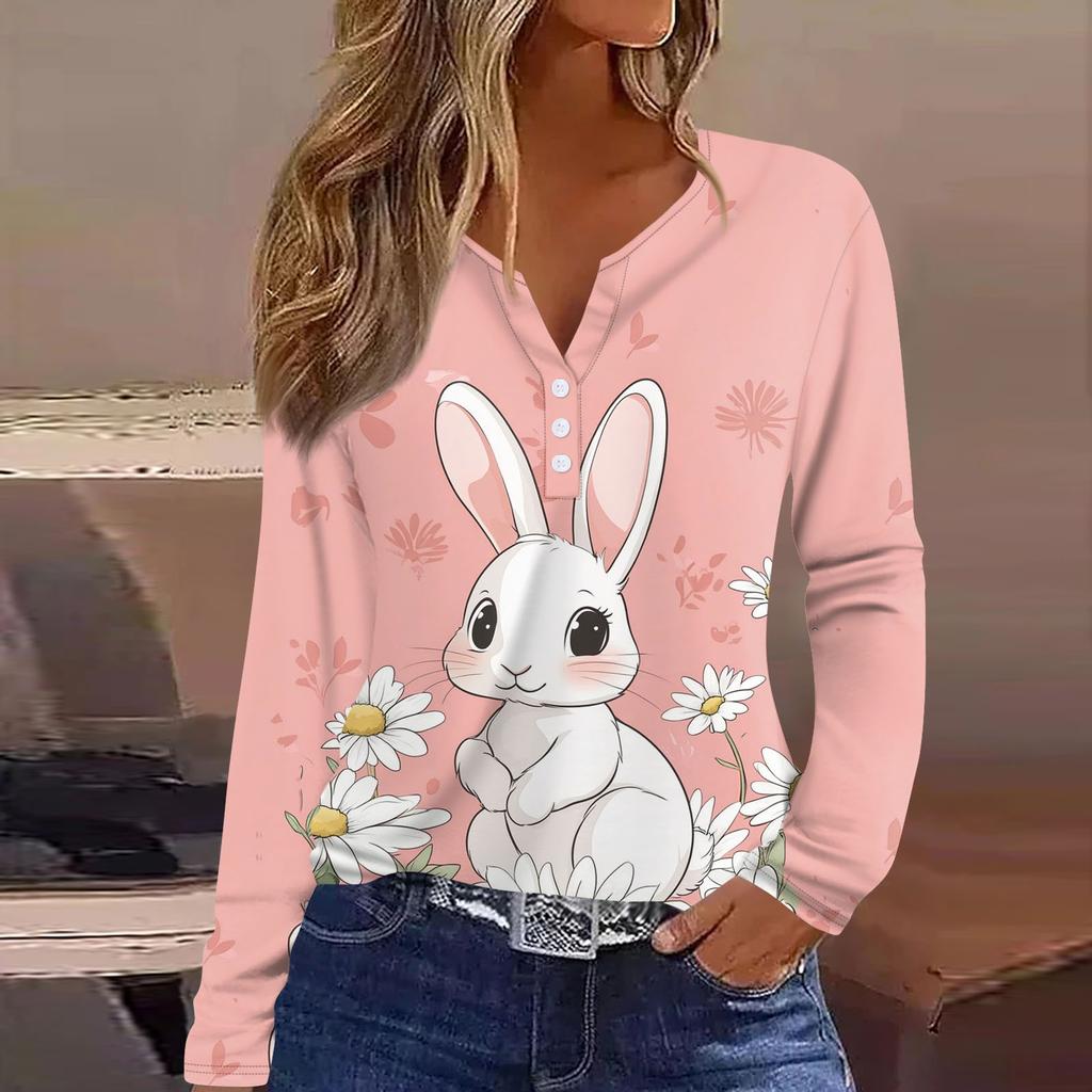 Women's Fashion Casual Printed V-neck Long Sleeve Button Up T-shirt Top