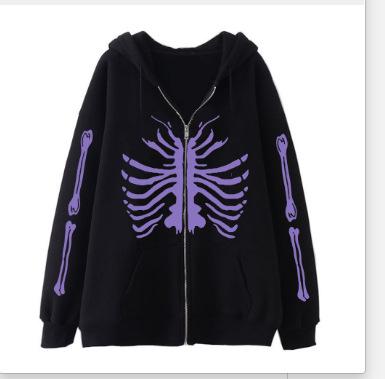 2022 Cross-border Gothic Zipper Sweater Skull Skeleton Printed Cardigan Jacket European and American Street Tide Large Size Hoodie