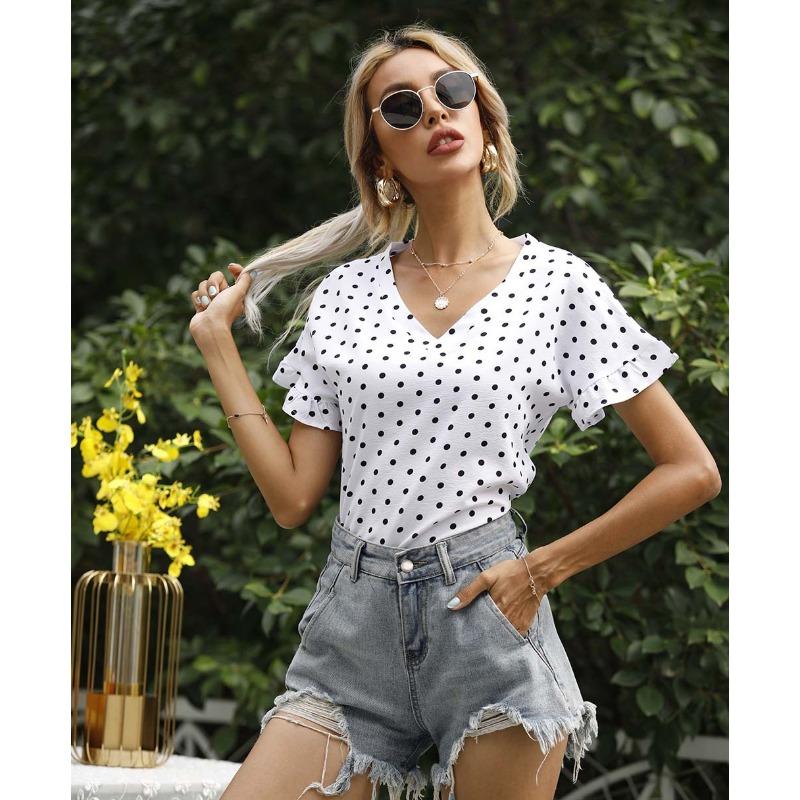 Women's Summer Polka Dot V-Neck Short Sleeve T-Shirt Top