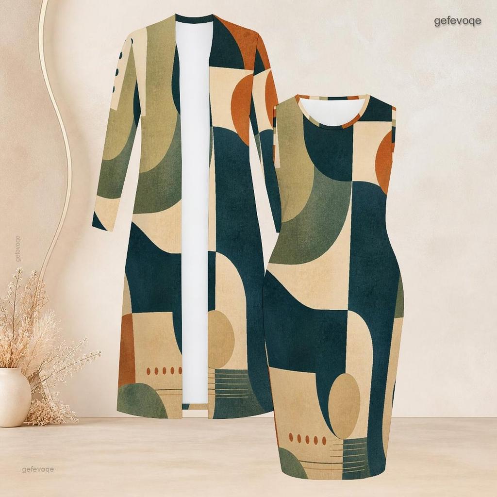 Women Plus Size Two Piece Set Abstract Printed Long Sleeve Open Front Cardigan Sleeveless Bodycon Dress