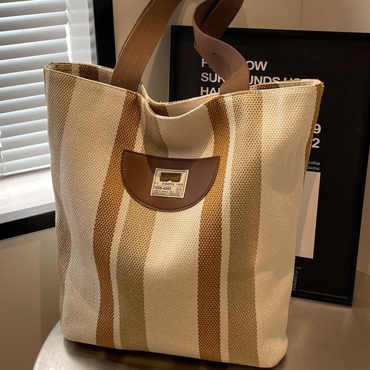 Striped Canvas Bag Women's New Summer Casual Lightweight Shoulder Bag Large Capacity Tote Bag Shopping Bag