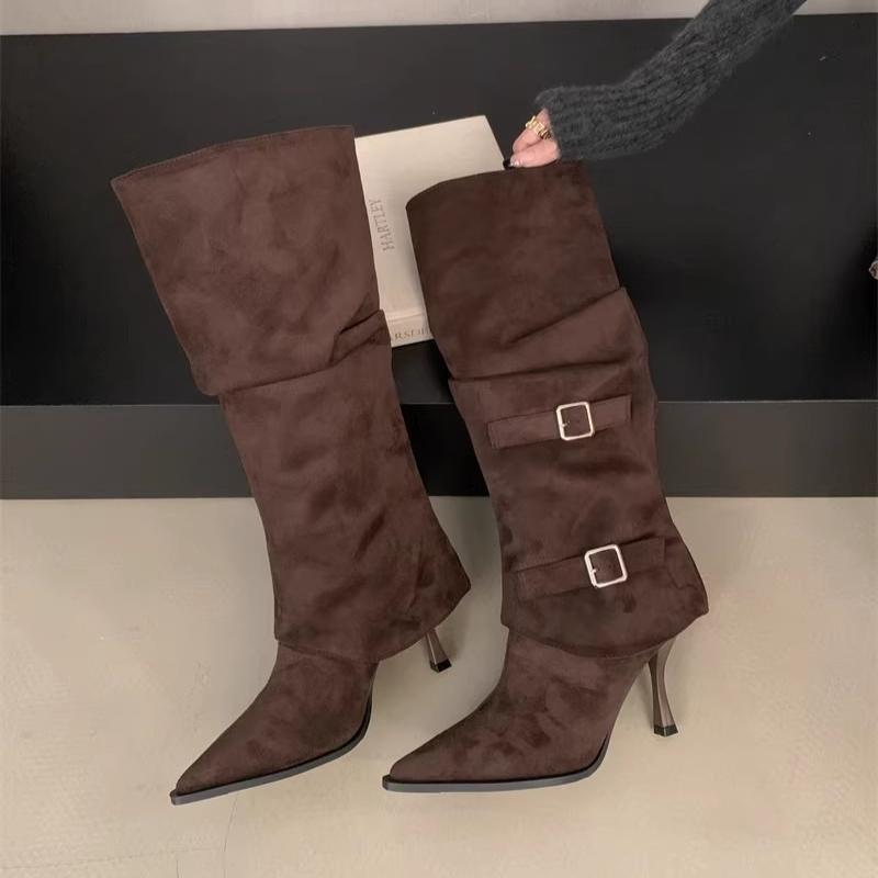 Fashion Women High Boots Sexy Pointed Toe High Heels Shoes Suede Pleated New Winter Fashion Chelsea Boots Dress Party  Pumps Woman Botas
