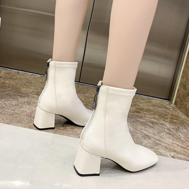 Dames Ensfarget Mote Høye Hæler med Glidelås bak Mote Støvletter Høye Støvletter Lærsko Midhøye Støvletter Damesko