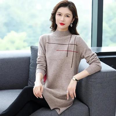 Women Spring  and Fall Half High Collar Pullover Sweater Mid Length Knit Bottom Shirt Female
