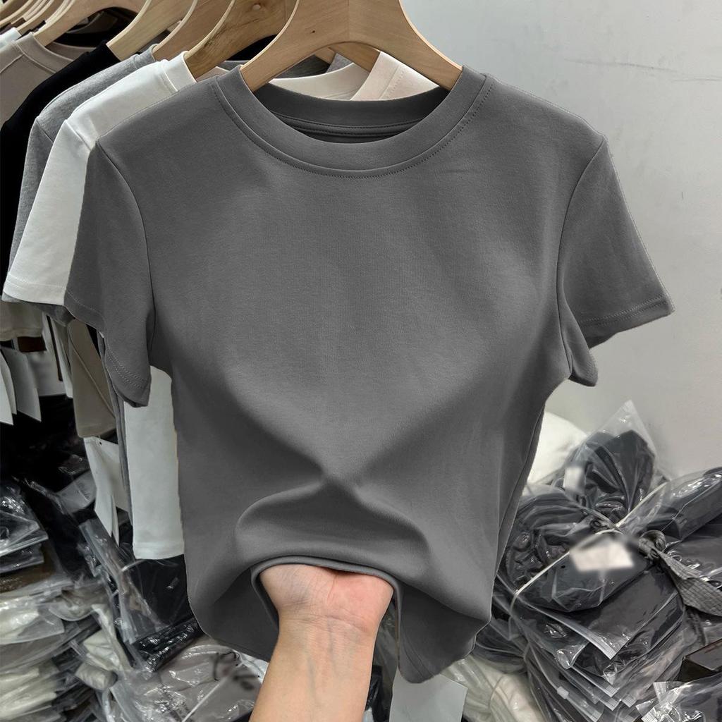 Women's White Cotton Short-Sleeve Ribbed T-shirt - Summer Round Neck, Breathable, Sweat-Absorbent, Slimming Fit