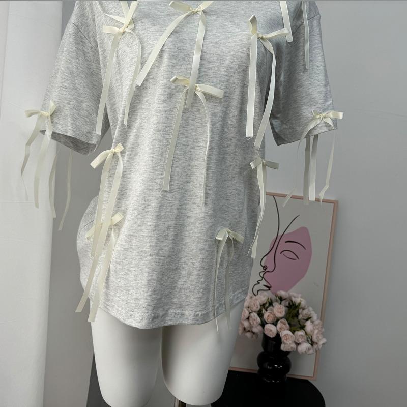 Summer New Design Three-dimensional Bow Decoration Versatile Mid-length T-shirt for Women