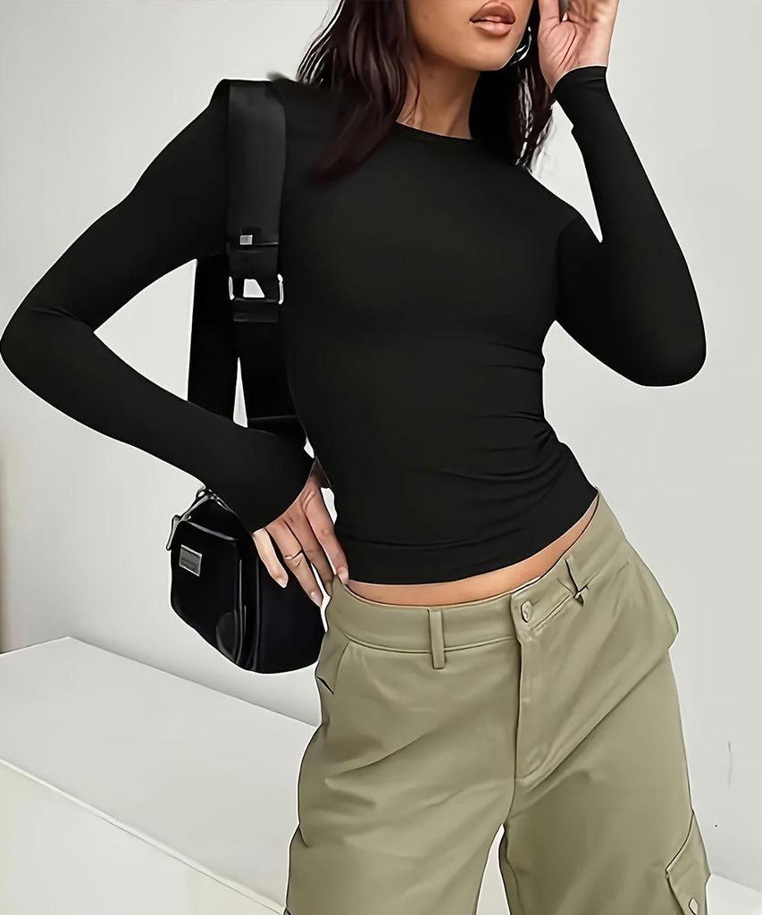 European/American Autumn Versatile Solid Color Long Sleeve Pullover T-Shirt