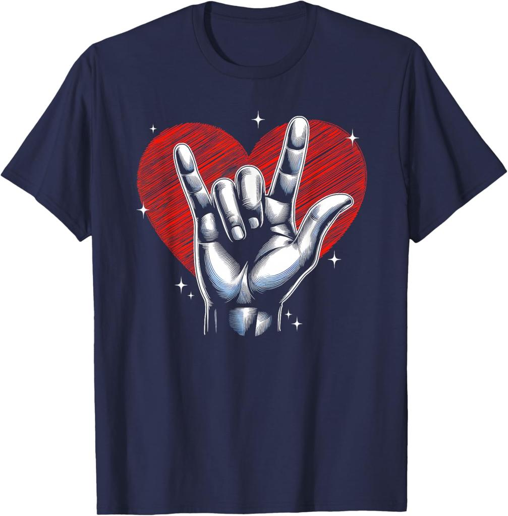 I Love You Hand Sign Rock Gesture Heart Graphic Print Short Sleeve T-Shirt Casual Daily Cotton Tee