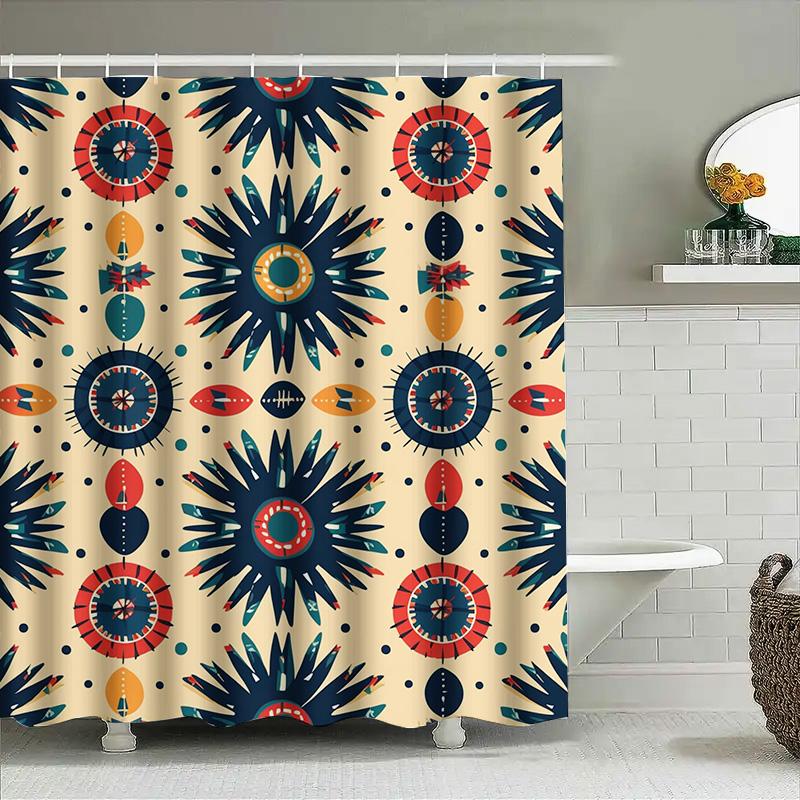 Vintage Retro Blue Red Circular Shower Curtain Home Decor Bathroom Waterproof Privacy Protection Indoor Decoration Artistic Patt