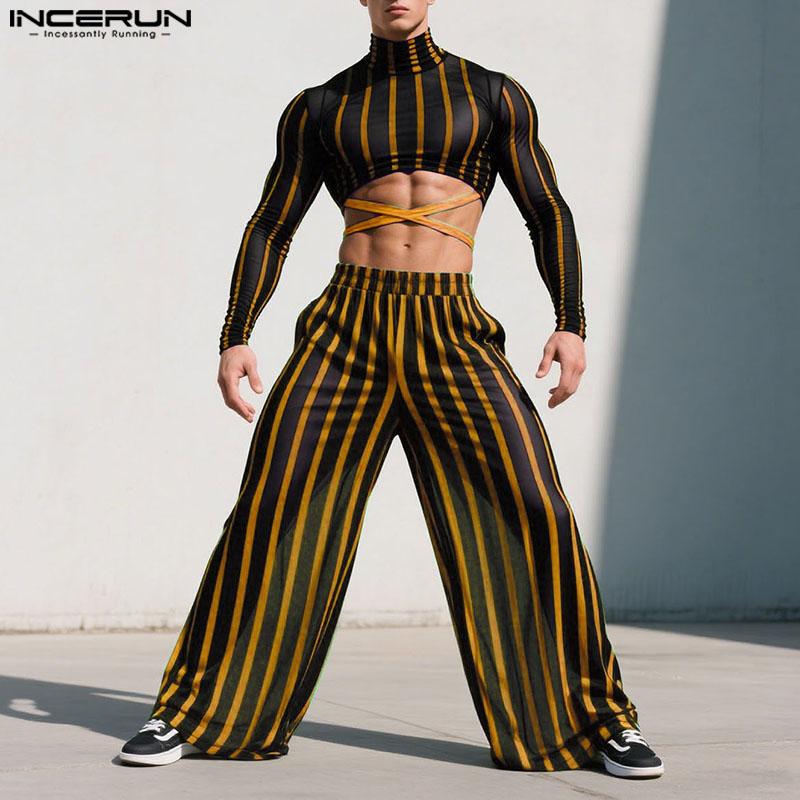 INCERUN Two-piece Men Long Sleeve Striped Mesh Sheer Crop Tops Elastic Waist Pants Sets