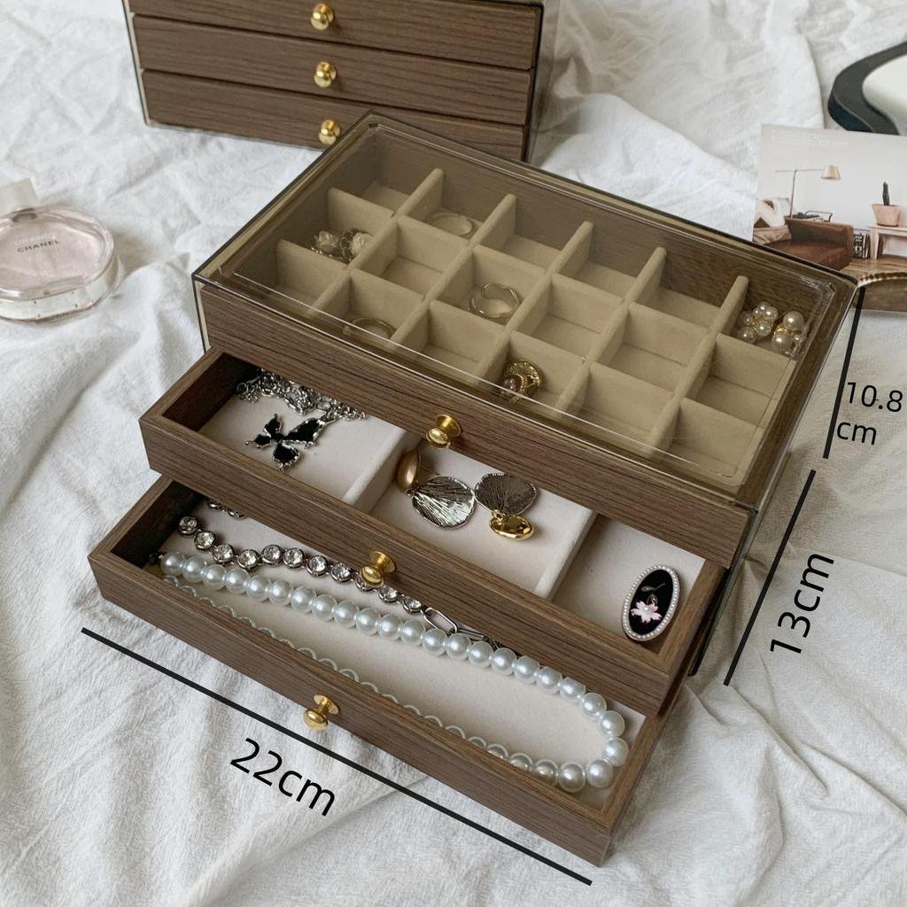 Walnut Three-Layer Jewelry Box: Dustproof & Moisture-Proof Storage for Earrings, Rings, Bracelets