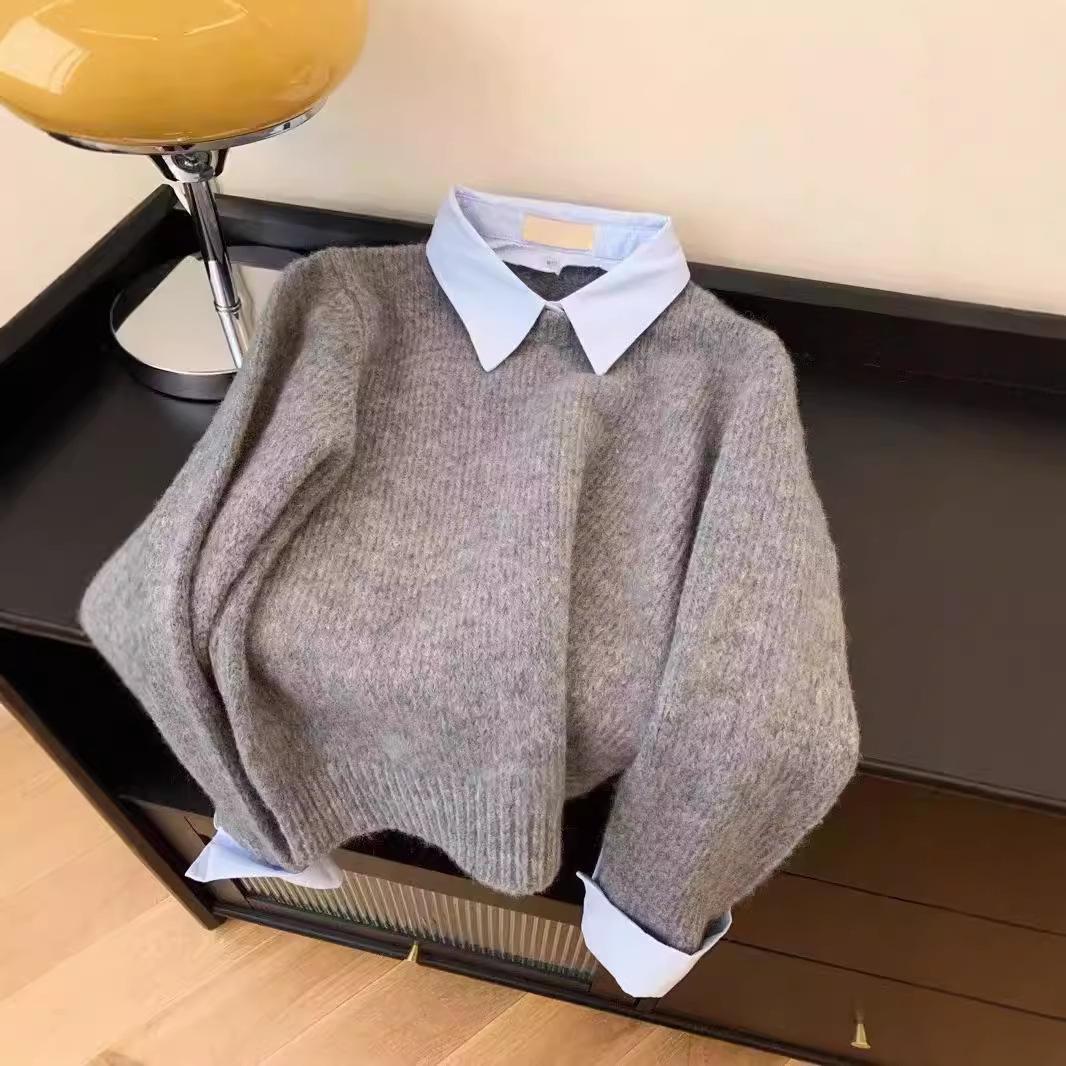 

Свитер с воротником-обманкой, женский осенний наряд, ленивый интерьер, контрастный цвет, серый вязаный свитер-топ с отложным воротником One Size серый