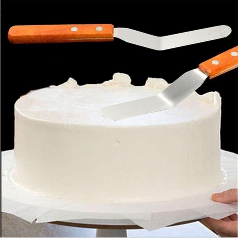 L Shape Curved Cake Icing Spatula Wooden Handle Stainless Steel Cake Cream Scraper LS
