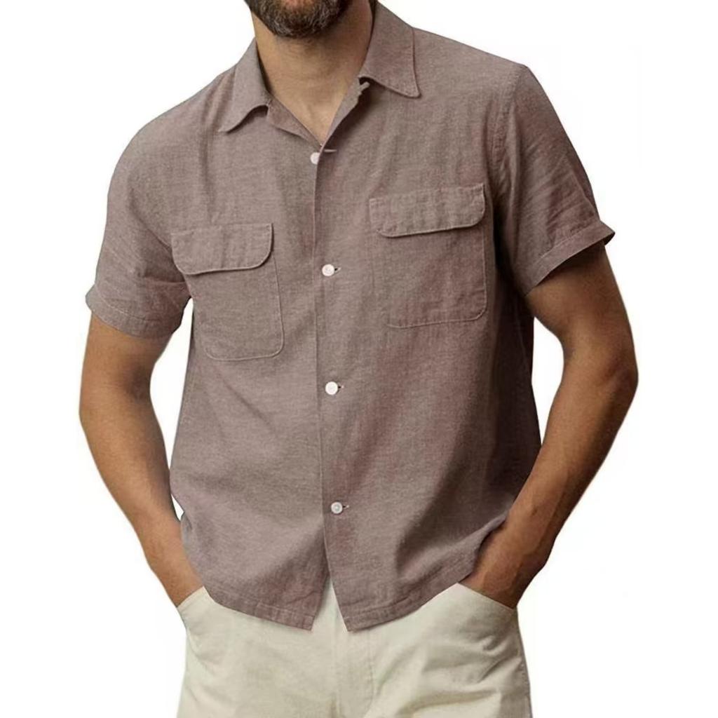 Camicia Casual da Uomo a Maniche Corte Monocolore con Bottoni, Top da Uomo in Cotone e Lino con Tasca e Revers